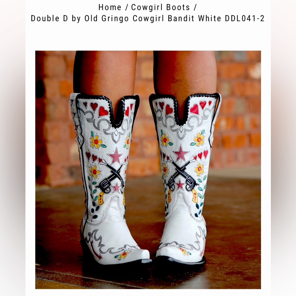 Double D Ranch, Old Gringo Bandit boot. Size 7, white vesuvio (goat)